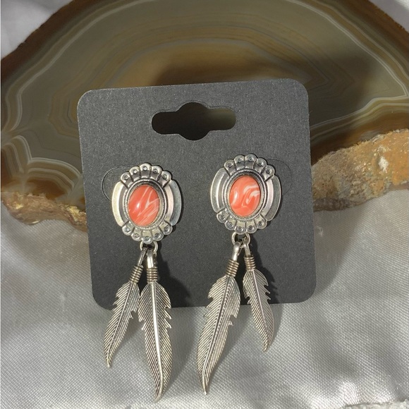 Sterling Silver Rhodochrosite feather native style stud dangle earrings - Picture 4 of 4